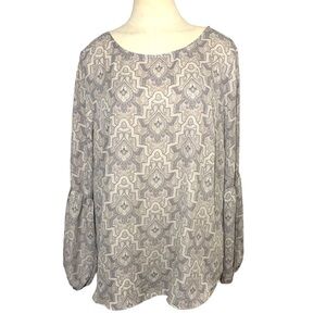Violet + Claire Tan Crepe Blouse Paisley Print Long Sleeves Key Hole Top Sz L